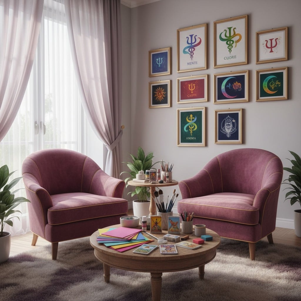Studio di psicoterapia di Echi del Sé: poltrone color prugna e simboli archetipici incorniciati alle pareti