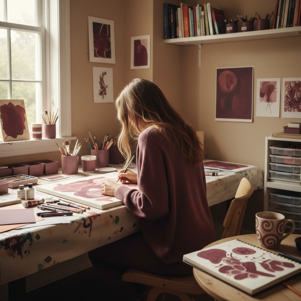 Pratica creativa: una donna dipinge nel suo atelier tra pennelli e opere